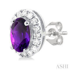 5x3 MM Oval Shape Amethyst and 1/8 Ctw Single Cut Diamond Halo Semi-Precious Stud Earrings in 14K White Gold 5x3 MM Oval Shape Amethyst and 1/8 Ctw Single Cut Diamond Halo Semi-Precious Stud Earrings in 14K White Gold