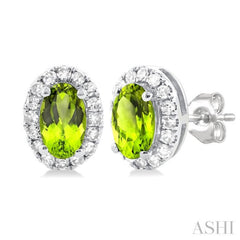 5x3 MM Oval Shape Peridot and 1/8 Ctw Single Cut Diamond Halo Semi-Precious Stud Earrings in 14K White Gold 5x3 MM Oval Shape Peridot and 1/8 Ctw Single Cut Diamond Halo Semi-Precious Stud Earrings in 14K White Gold
