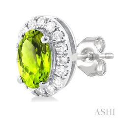 5x3 MM Oval Shape Peridot and 1/8 Ctw Single Cut Diamond Halo Semi-Precious Stud Earrings in 14K White Gold 5x3 MM Oval Shape Peridot and 1/8 Ctw Single Cut Diamond Halo Semi-Precious Stud Earrings in 14K White Gold