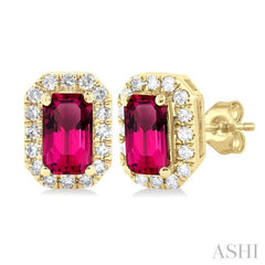 5x3 MM Octagonal Shape Pink Tourmaline and 1/8 Ctw Single Cut Diamond Halo Semi-Precious Stud Earrings in 14K Yellow Gold 5x3 MM Octagonal Shape Pink Tourmaline and 1/8 Ctw Single Cut Diamond Halo Semi-Precious Stud Earrings in 14K Yellow Gold