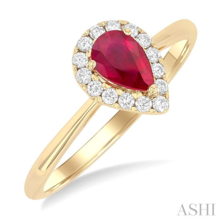 6x4 MM Pear Shape Ruby and 1/6 Ctw Round Cut Diamond Halo Precious Ring in 14K Yellow Gold 6x4 MM Pear Shape Ruby and 1/6 Ctw Round Cut Diamond Halo Precious Ring in 14K Yellow Gold