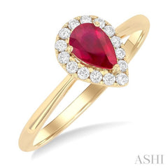 6x4 MM Pear Shape Ruby and 1/6 Ctw Round Cut Diamond Halo Precious Ring in 14K Yellow Gold 6x4 MM Pear Shape Ruby and 1/6 Ctw Round Cut Diamond Halo Precious Ring in 14K Yellow Gold