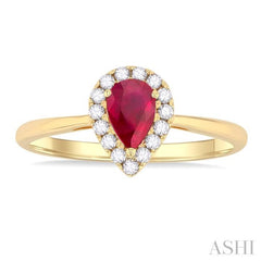 6x4 MM Pear Shape Ruby and 1/6 Ctw Round Cut Diamond Halo Precious Ring in 14K Yellow Gold 6x4 MM Pear Shape Ruby and 1/6 Ctw Round Cut Diamond Halo Precious Ring in 14K Yellow Gold