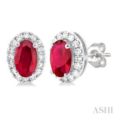 5x3 MM Oval Shape Ruby and 1/8 Ctw Single Cut Diamond Halo Precious Stud Earrings in 14K White Gold 5x3 MM Oval Shape Ruby and 1/8 Ctw Single Cut Diamond Halo Precious Stud Earrings in 14K White Gold