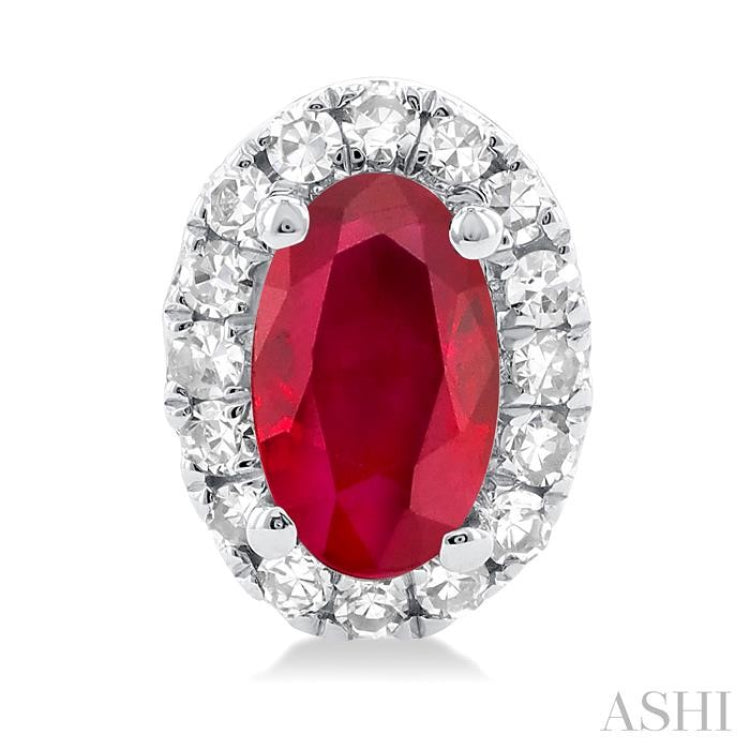 5x3 MM Oval Shape Ruby and 1/8 Ctw Single Cut Diamond Halo Precious Stud Earrings in 14K White Gold 5x3 MM Oval Shape Ruby and 1/8 Ctw Single Cut Diamond Halo Precious Stud Earrings in 14K White Gold