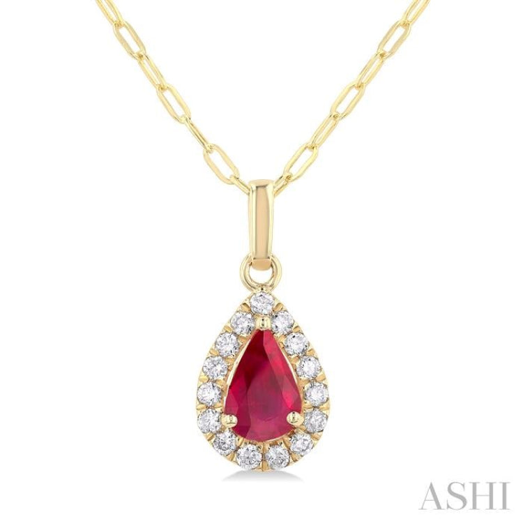 6x4 MM Pear Shape Ruby and 1/6 Ctw Round Cut Diamond Halo Precious Pendant with Chain in 14K Yellow Gold 6x4 MM Pear Shape Ruby and 1/6 Ctw Round Cut Diamond Halo Precious Pendant with Chain in 14K Yellow Gold