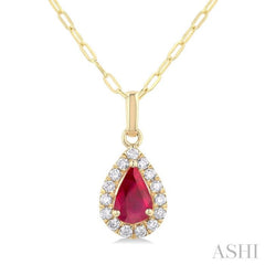 6x4 MM Pear Shape Ruby and 1/6 Ctw Round Cut Diamond Halo Precious Pendant with Chain in 14K Yellow Gold 6x4 MM Pear Shape Ruby and 1/6 Ctw Round Cut Diamond Halo Precious Pendant with Chain in 14K Yellow Gold