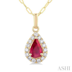 6x4 MM Pear Shape Ruby and 1/6 Ctw Round Cut Diamond Halo Precious Pendant with Chain in 14K Yellow Gold 6x4 MM Pear Shape Ruby and 1/6 Ctw Round Cut Diamond Halo Precious Pendant with Chain in 14K Yellow Gold