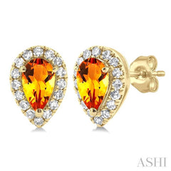 5x3 MM Pear Shape Citrine and 1/8 Ctw Single Cut Diamond Halo Semi-Precious Stud Earrings in 10K Yellow Gold 5x3 MM Pear Shape Citrine and 1/8 Ctw Single Cut Diamond Halo Semi-Precious Stud Earrings in 10K Yellow Gold