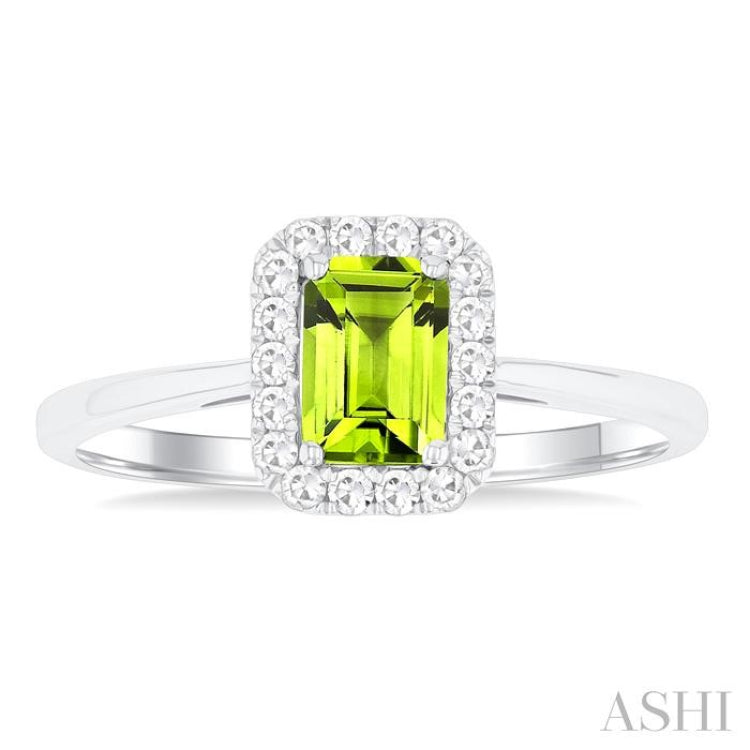 6x4 MM Octagonal Shape Peridot and 1/6 Ctw Round Cut Diamond Halo Semi-Precious Ring in 10K White Gold 6x4 MM Octagonal Shape Peridot and 1/6 Ctw Round Cut Diamond Halo Semi-Precious Ring in 10K White Gold