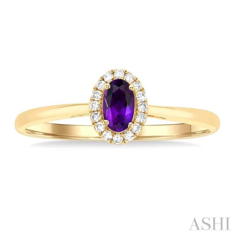 5x3 MM Oval Shape Amethyst and 1/20 Ctw Single Cut Diamond Halo Semi-Precious Ring in 10K Yellow Gold 5x3 MM Oval Shape Amethyst and 1/20 Ctw Single Cut Diamond Halo Semi-Precious Ring in 10K Yellow Gold