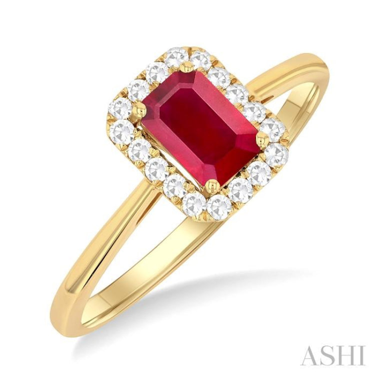 6x4 MM Octagonal Shape Ruby and 1/6 Ctw Round Cut Diamond Halo Precious Ring in 14K Yellow Gold 6x4 MM Octagonal Shape Ruby and 1/6 Ctw Round Cut Diamond Halo Precious Ring in 14K Yellow Gold