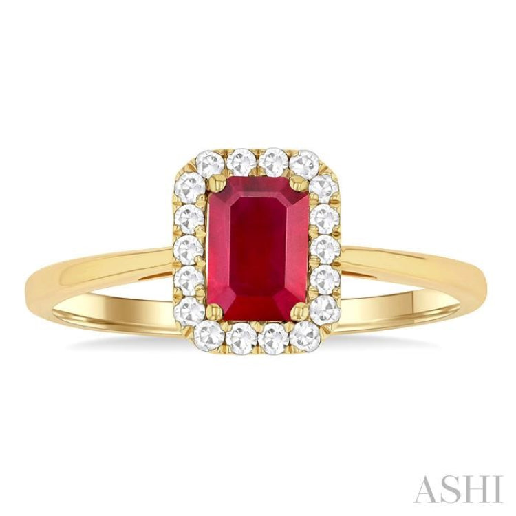 6x4 MM Octagonal Shape Ruby and 1/6 Ctw Round Cut Diamond Halo Precious Ring in 14K Yellow Gold 6x4 MM Octagonal Shape Ruby and 1/6 Ctw Round Cut Diamond Halo Precious Ring in 14K Yellow Gold