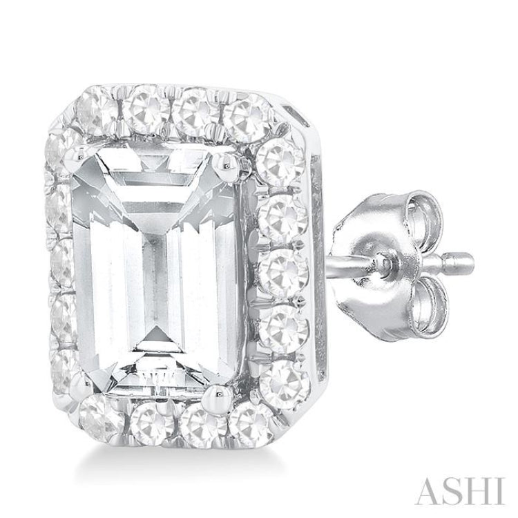 6x4 MM Octagonal Shape White Topaz and 1/4 Ctw Round Cut Diamond Halo Semi-Precious Stud Earrings in 10K White Gold 6x4 MM Octagonal Shape White Topaz and 1/4 Ctw Round Cut Diamond Halo Semi-Precious Stud Earrings in 10K White Gold