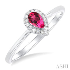 5x3 MM Pear Shape Pink Tourmaline and 1/20 Ctw Single Cut Diamond Halo Semi-Precious Ring in 14K White Gold 5x3 MM Pear Shape Pink Tourmaline and 1/20 Ctw Single Cut Diamond Halo Semi-Precious Ring in 14K White Gold
