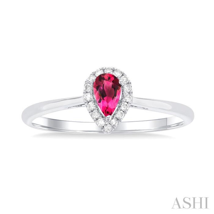 5x3 MM Pear Shape Pink Tourmaline and 1/20 Ctw Single Cut Diamond Halo Semi-Precious Ring in 14K White Gold 5x3 MM Pear Shape Pink Tourmaline and 1/20 Ctw Single Cut Diamond Halo Semi-Precious Ring in 14K White Gold