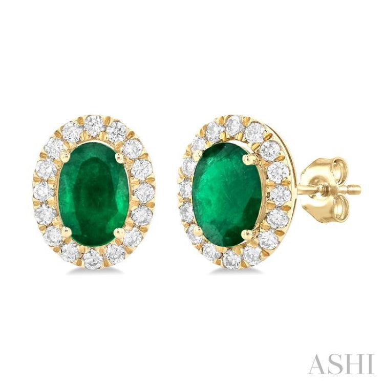 6x4 MM Oval Shape Emerald and 1/4 Ctw Round Cut Diamond Halo Precious Stud Earrings in 14K Yellow Gold 6x4 MM Oval Shape Emerald and 1/4 Ctw Round Cut Diamond Halo Precious Stud Earrings in 14K Yellow Gold