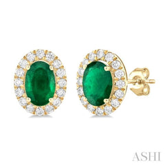 6x4 MM Oval Shape Emerald and 1/4 Ctw Round Cut Diamond Halo Precious Stud Earrings in 14K Yellow Gold 6x4 MM Oval Shape Emerald and 1/4 Ctw Round Cut Diamond Halo Precious Stud Earrings in 14K Yellow Gold