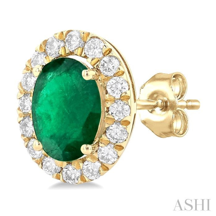 6x4 MM Oval Shape Emerald and 1/4 Ctw Round Cut Diamond Halo Precious Stud Earrings in 14K Yellow Gold 6x4 MM Oval Shape Emerald and 1/4 Ctw Round Cut Diamond Halo Precious Stud Earrings in 14K Yellow Gold
