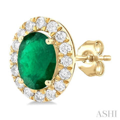 6x4 MM Oval Shape Emerald and 1/4 Ctw Round Cut Diamond Halo Precious Stud Earrings in 14K Yellow Gold 6x4 MM Oval Shape Emerald and 1/4 Ctw Round Cut Diamond Halo Precious Stud Earrings in 14K Yellow Gold