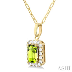 6x4 MM Octagonal Shape Peridot and 1/6 Ctw Round Cut Diamond Halo Semi-Precious Pendant with Chain in 10K Yellow Gold 6x4 MM Octagonal Shape Peridot and 1/6 Ctw Round Cut Diamond Halo Semi-Precious Pendant with Chain in 10K Yellow Gold