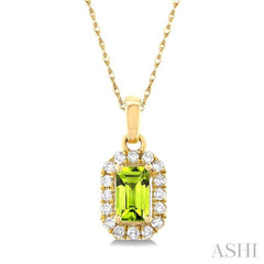 5x3 MM Octagonal Shape Peridot and 1/20 Ctw Single Cut Diamond Halo Semi-Precious Pendant with Chain in 14K Yellow Gold 5x3 MM Octagonal Shape Peridot and 1/20 Ctw Single Cut Diamond Halo Semi-Precious Pendant with Chain in 14K Yellow Gold