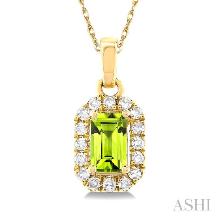 5x3 MM Octagonal Shape Peridot and 1/20 Ctw Single Cut Diamond Halo Semi-Precious Pendant with Chain in 14K Yellow Gold 5x3 MM Octagonal Shape Peridot and 1/20 Ctw Single Cut Diamond Halo Semi-Precious Pendant with Chain in 14K Yellow Gold