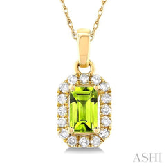 5x3 MM Octagonal Shape Peridot and 1/20 Ctw Single Cut Diamond Halo Semi-Precious Pendant with Chain in 14K Yellow Gold 5x3 MM Octagonal Shape Peridot and 1/20 Ctw Single Cut Diamond Halo Semi-Precious Pendant with Chain in 14K Yellow Gold