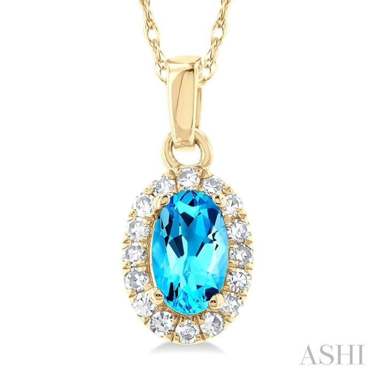 5x3 MM Oval Shape Blue Topaz and 1/20 Ctw Single Cut Diamond Halo Semi-Precious Pendant with Chain in 10K Yellow Gold 5x3 MM Oval Shape Blue Topaz and 1/20 Ctw Single Cut Diamond Halo Semi-Precious Pendant with Chain in 10K Yellow Gold