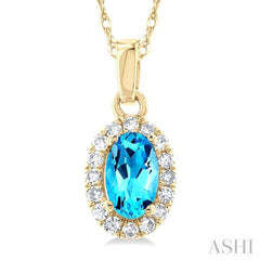 5x3 MM Oval Shape Blue Topaz and 1/20 Ctw Single Cut Diamond Halo Semi-Precious Pendant with Chain in 10K Yellow Gold 5x3 MM Oval Shape Blue Topaz and 1/20 Ctw Single Cut Diamond Halo Semi-Precious Pendant with Chain in 10K Yellow Gold