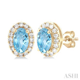 5x3 MM Oval Shape Aquamarine and 1/8 Ctw Single Cut Diamond Halo Semi-Precious Stud Earrings in 10K Yellow Gold