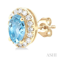5x3 MM Oval Shape Aquamarine and 1/8 Ctw Single Cut Diamond Halo Semi-Precious Stud Earrings in 10K Yellow Gold 5x3 MM Oval Shape Aquamarine and 1/8 Ctw Single Cut Diamond Halo Semi-Precious Stud Earrings in 10K Yellow Gold