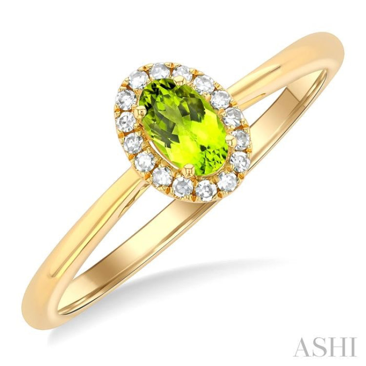 5x3 MM Oval Shape Peridot and 1/20 Ctw Single Cut Diamond Halo Semi-Precious Ring in 14K Yellow Gold 5x3 MM Oval Shape Peridot and 1/20 Ctw Single Cut Diamond Halo Semi-Precious Ring in 14K Yellow Gold