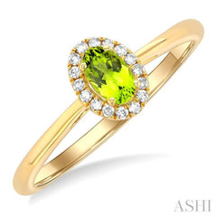 5x3 MM Oval Shape Peridot and 1/20 Ctw Single Cut Diamond Halo Semi-Precious Ring in 14K Yellow Gold 5x3 MM Oval Shape Peridot and 1/20 Ctw Single Cut Diamond Halo Semi-Precious Ring in 14K Yellow Gold