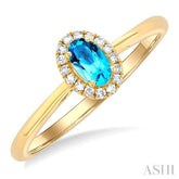 5x3 MM Oval Shape Blue Topaz and 1/20 Ctw Single Cut Diamond Halo Semi-Precious Ring in 10K Yellow Gold