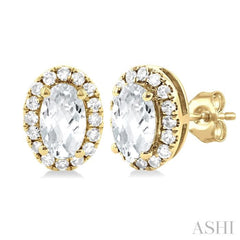 5x3 MM Oval Shape White Topaz and 1/8 Ctw Single Cut Diamond Halo Semi-Precious Stud Earrings in 14K Yellow Gold 5x3 MM Oval Shape White Topaz and 1/8 Ctw Single Cut Diamond Halo Semi-Precious Stud Earrings in 14K Yellow Gold