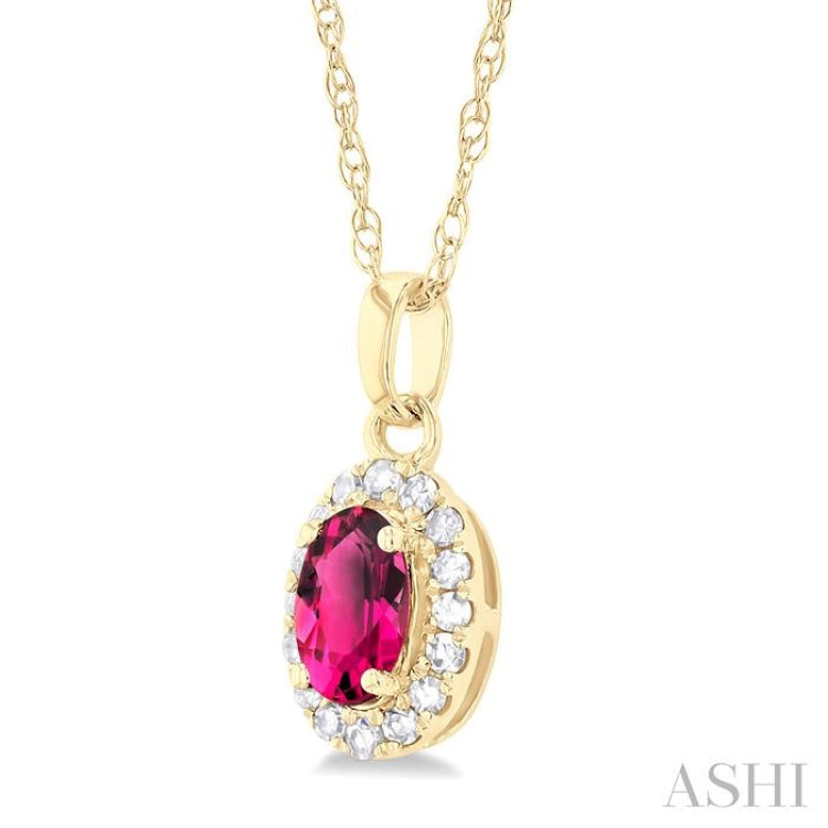 5x3 MM Oval Shape Pink Tourmaline and 1/20 Ctw Single Cut Diamond Halo Semi-Precious Pendant with Chain in 10K Yellow Gold 5x3 MM Oval Shape Pink Tourmaline and 1/20 Ctw Single Cut Diamond Halo Semi-Precious Pendant with Chain in 10K Yellow Gold