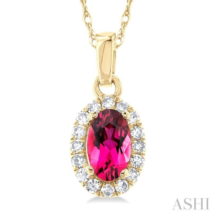 5x3 MM Oval Shape Pink Tourmaline and 1/20 Ctw Single Cut Diamond Halo Semi-Precious Pendant with Chain in 10K Yellow Gold 5x3 MM Oval Shape Pink Tourmaline and 1/20 Ctw Single Cut Diamond Halo Semi-Precious Pendant with Chain in 10K Yellow Gold