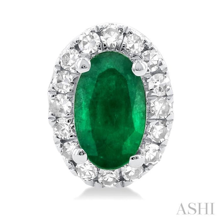 5x3 MM Oval Shape Emerald and 1/8 Ctw Single Cut Diamond Halo Precious Stud Earrings in 10K White Gold 5x3 MM Oval Shape Emerald and 1/8 Ctw Single Cut Diamond Halo Precious Stud Earrings in 10K White Gold