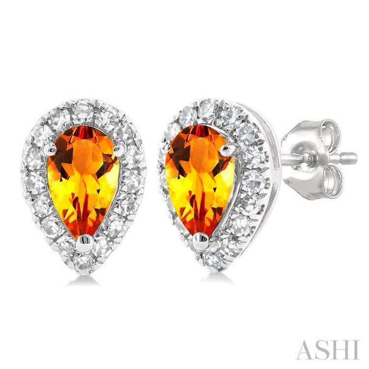 5x3 MM Pear Shape Citrine and 1/8 Ctw Single Cut Diamond Halo Semi-Precious Stud Earrings in 14K White Gold 5x3 MM Pear Shape Citrine and 1/8 Ctw Single Cut Diamond Halo Semi-Precious Stud Earrings in 14K White Gold