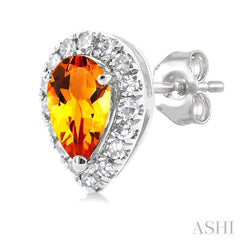 5x3 MM Pear Shape Citrine and 1/8 Ctw Single Cut Diamond Halo Semi-Precious Stud Earrings in 14K White Gold 5x3 MM Pear Shape Citrine and 1/8 Ctw Single Cut Diamond Halo Semi-Precious Stud Earrings in 14K White Gold