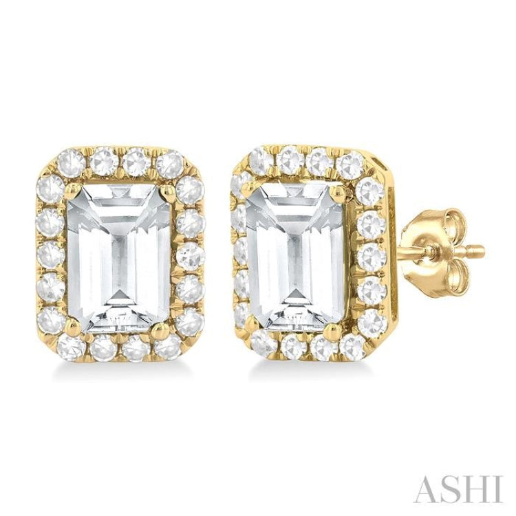6x4 MM Octagonal Shape White Topaz and 1/4 Ctw Round Cut Diamond Halo Semi-Precious Stud Earrings in 14K Yellow Gold 6x4 MM Octagonal Shape White Topaz and 1/4 Ctw Round Cut Diamond Halo Semi-Precious Stud Earrings in 14K Yellow Gold
