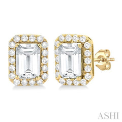 6x4 MM Octagonal Shape White Topaz and 1/4 Ctw Round Cut Diamond Halo Semi-Precious Stud Earrings in 14K Yellow Gold 6x4 MM Octagonal Shape White Topaz and 1/4 Ctw Round Cut Diamond Halo Semi-Precious Stud Earrings in 14K Yellow Gold