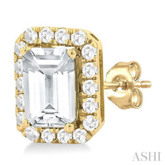 6x4 MM Octagonal Shape White Topaz and 1/4 Ctw Round Cut Diamond Halo Semi-Precious Stud Earrings in 14K Yellow Gold 6x4 MM Octagonal Shape White Topaz and 1/4 Ctw Round Cut Diamond Halo Semi-Precious Stud Earrings in 14K Yellow Gold