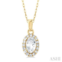 5x3 MM Oval Shape White Topaz and 1/20 Ctw Single Cut Diamond Halo Semi-Precious Pendant with Chain in 14K Yellow Gold 5x3 MM Oval Shape White Topaz and 1/20 Ctw Single Cut Diamond Halo Semi-Precious Pendant with Chain in 14K Yellow Gold
