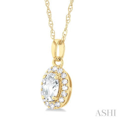 5x3 MM Oval Shape White Topaz and 1/20 Ctw Single Cut Diamond Halo Semi-Precious Pendant with Chain in 14K Yellow Gold 5x3 MM Oval Shape White Topaz and 1/20 Ctw Single Cut Diamond Halo Semi-Precious Pendant with Chain in 14K Yellow Gold