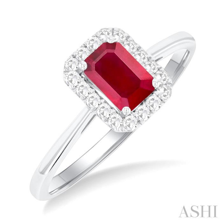 6x4 MM Octagonal Shape Ruby and 1/6 Ctw Round Cut Diamond Halo Precious Ring in 10K White Gold 6x4 MM Octagonal Shape Ruby and 1/6 Ctw Round Cut Diamond Halo Precious Ring in 10K White Gold