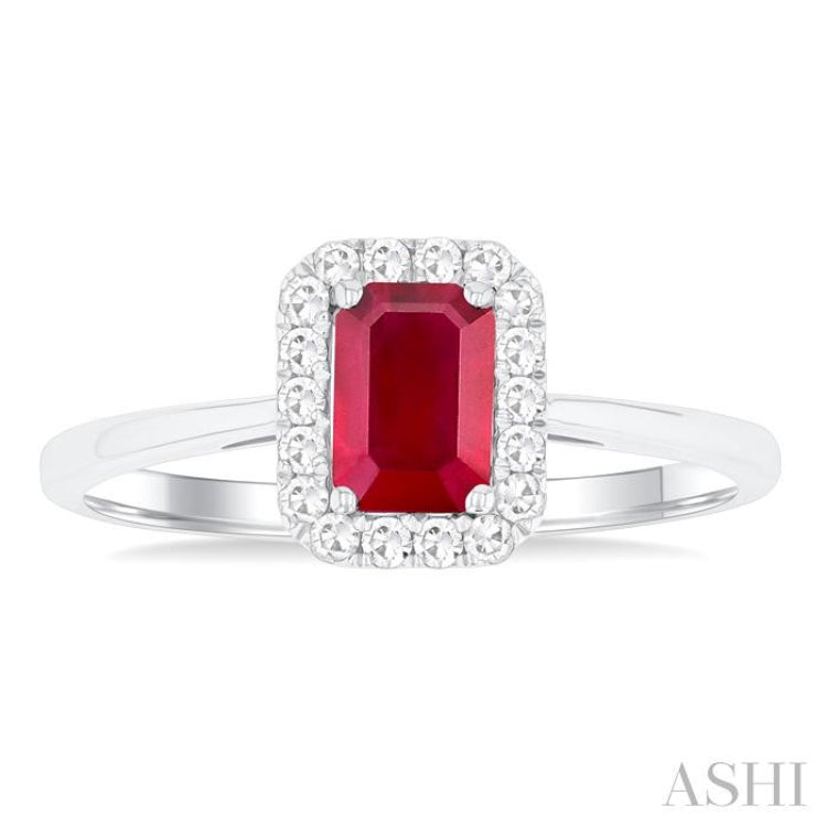 6x4 MM Octagonal Shape Ruby and 1/6 Ctw Round Cut Diamond Halo Precious Ring in 10K White Gold 6x4 MM Octagonal Shape Ruby and 1/6 Ctw Round Cut Diamond Halo Precious Ring in 10K White Gold