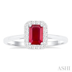6x4 MM Octagonal Shape Ruby and 1/6 Ctw Round Cut Diamond Halo Precious Ring in 10K White Gold 6x4 MM Octagonal Shape Ruby and 1/6 Ctw Round Cut Diamond Halo Precious Ring in 10K White Gold