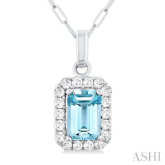 6x4 MM Octagonal Shape Aquamarine and 1/6 Ctw Round Cut Diamond Halo Semi-Precious Pendant with Chain in 14K White Gold 6x4 MM Octagonal Shape Aquamarine and 1/6 Ctw Round Cut Diamond Halo Semi-Precious Pendant with Chain in 14K White Gold